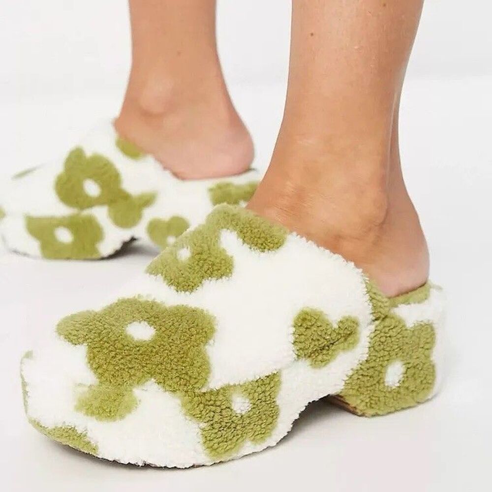 ASOS Green Floral Print Closed Toe Slip On Clog Heels for Women Size 9